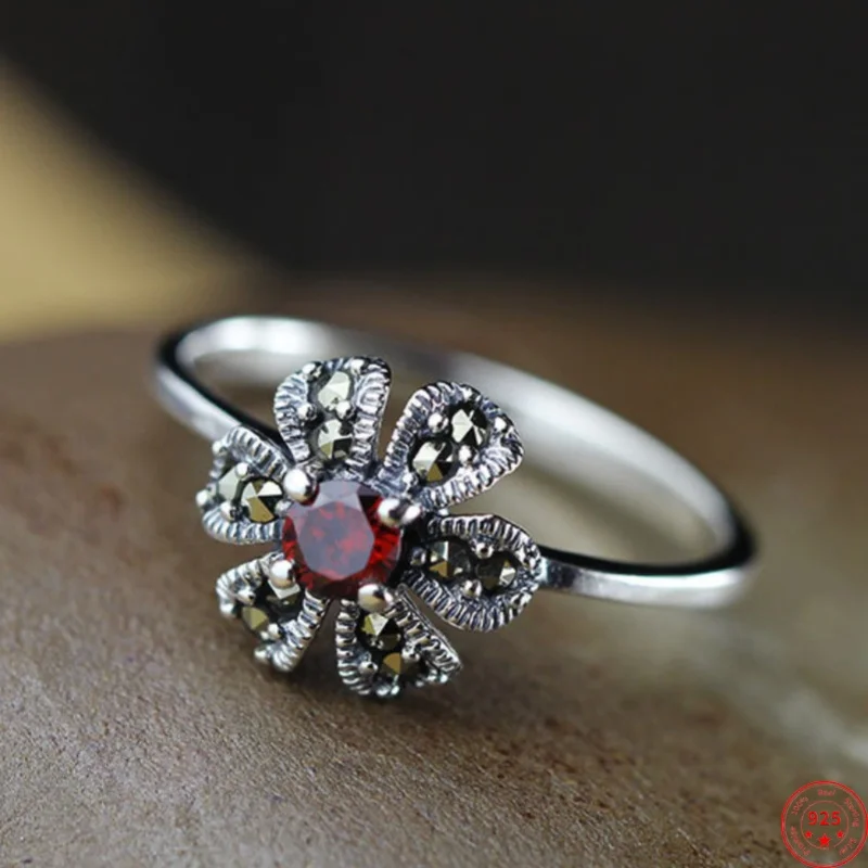 Genuine S925 Sterling Silver Charms Rings for Women New Fashion Little Flowers Garnet Micro Marcasite Punk Jewelry Wholesale