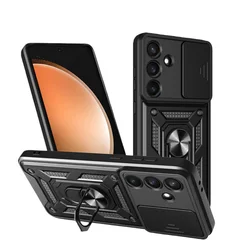 Slide Lens Protection Armor Case with Car Magnetic Bracket - Durable Protective Cover for Galaxy S26 FE (SJ - Black)