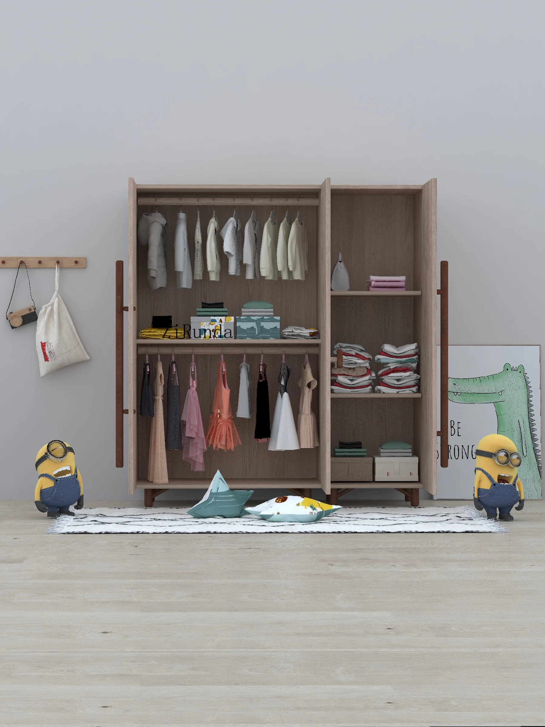 *Full solid wood children's wardrobe cartoon monkey boy girl household bedroom small unit low wardrobe