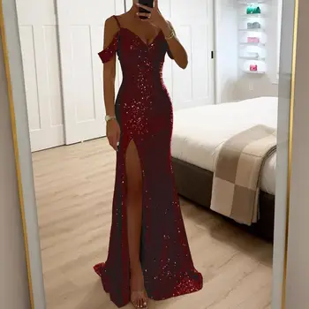 Women Sequin Suspender Dress Off Shoulder V Neck Side Slit Evening Dress Floor Length Sequin Ball Gown Banquet Maxi Dress 80% 1