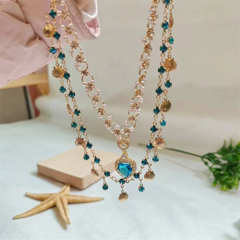 Popular Blue Love Shell Shape Double layered Necklace Gold Color Luxury Neck Accessories for Women Girls Fashion Accessories