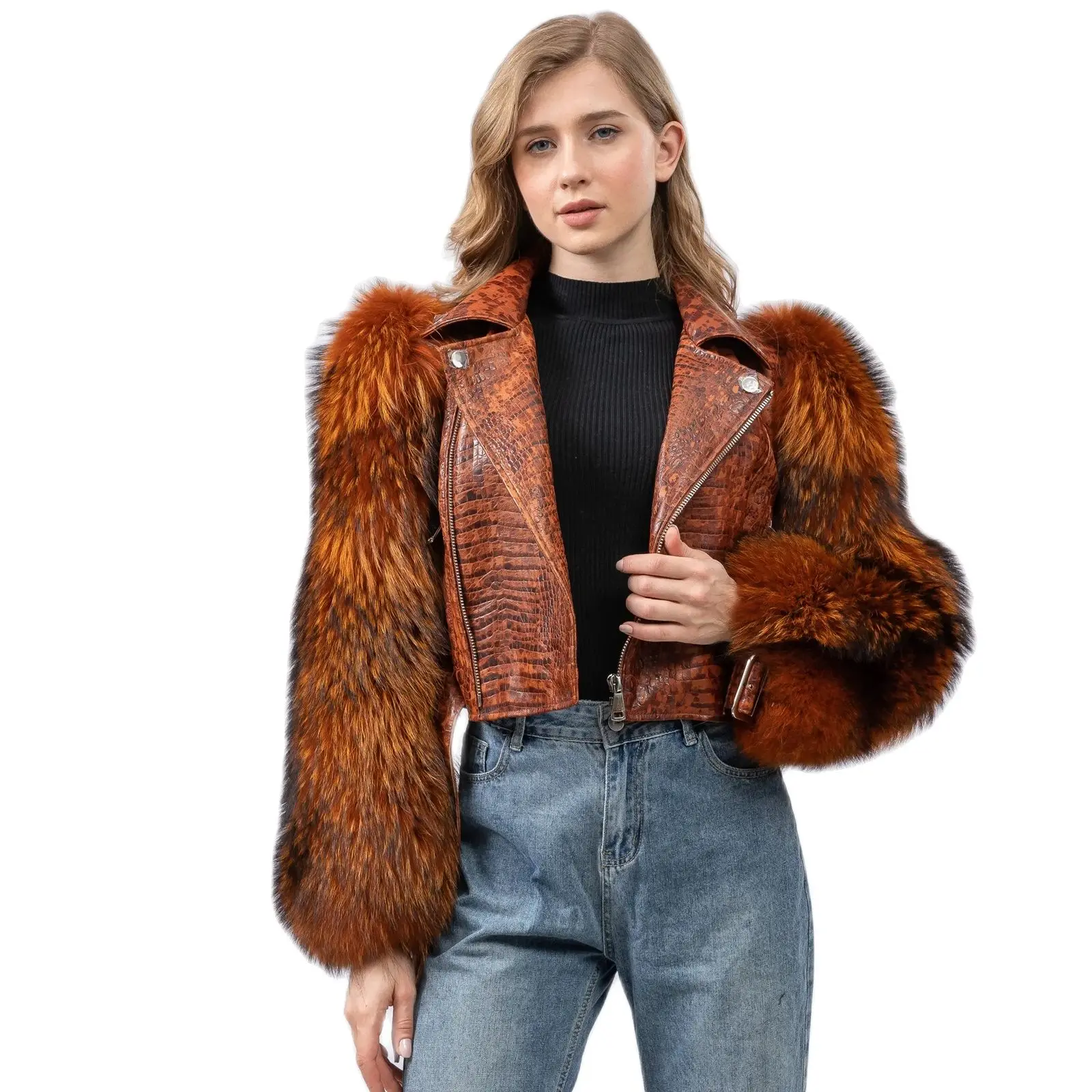 Natural Sheep Leather Short Crop Jacket With Long Fox Sleeve Short Coat Crocodile Biker Jacket Y2k 2023 Furry Luxury 230412