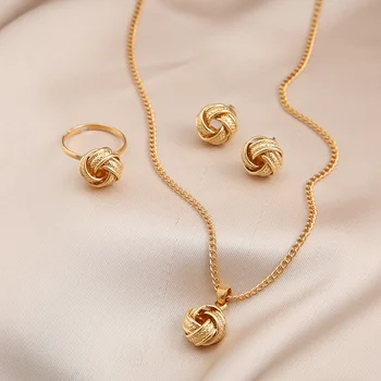 Gold Color Alloy Metal Twist Lucky Knot Earrings Necklace Ring Jewelry Set for Women Girls Trendy Geometric Vintage Accesories 1