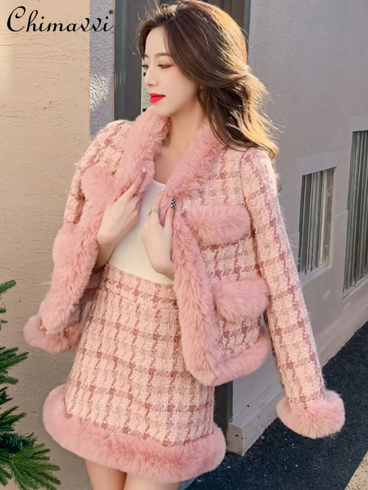 Two Piece Set Women Elegant Sweet Pink Fur Furry Stitching Jacket High Waist A Line Short Skirt Lady 2023 Winter Set with Skirt