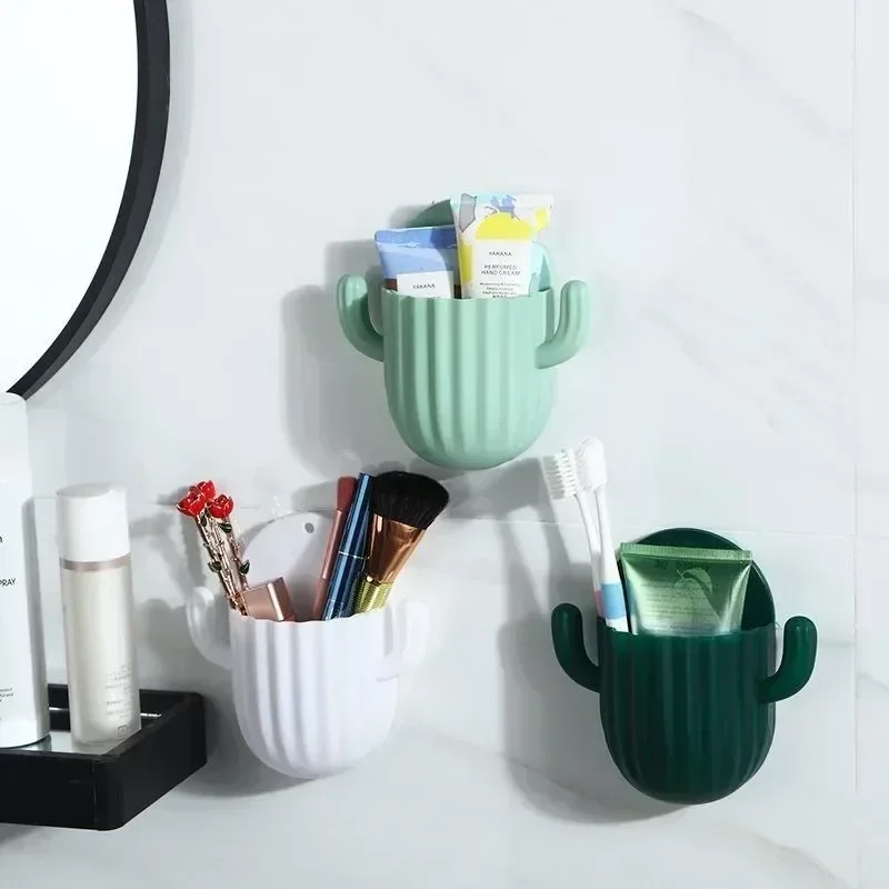 Wall Self-adhesive Toothbrush Holder Drain Shelf Household Cactus Storage Rack Shaver Organizer Bathroom Accessories 1pc