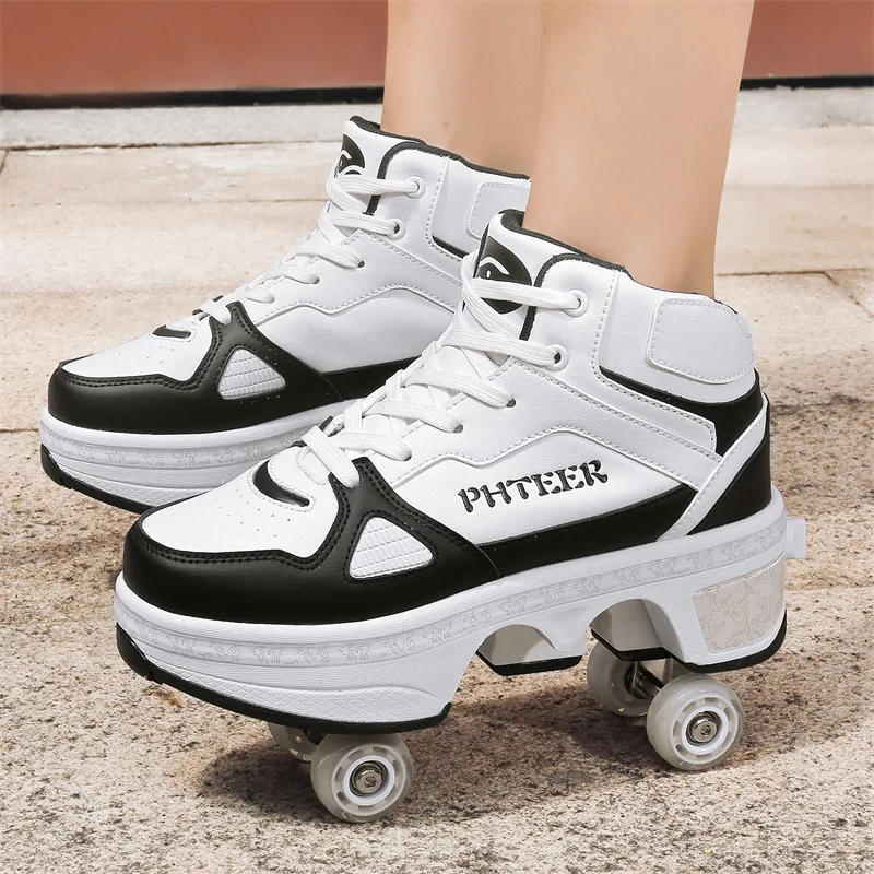 Kids Deformation Roller Skates Shoes 4 Wheels Parkour Sport Roller Shoes Children Girls Boys Roller Skates Unisex Adult Sneakers