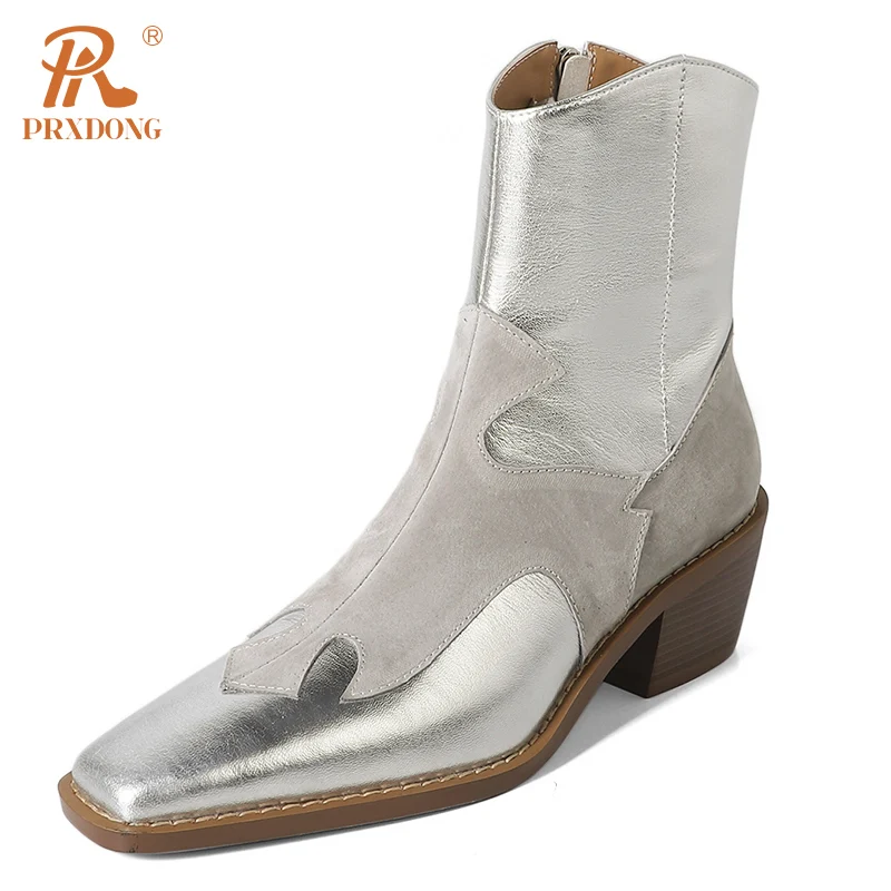 

PRXDONG 2023 New Classics Autumn Winter Ankle Boots Square High Heels Silver Brown Dress Party Casual Lady Chelsea Boots 33-39