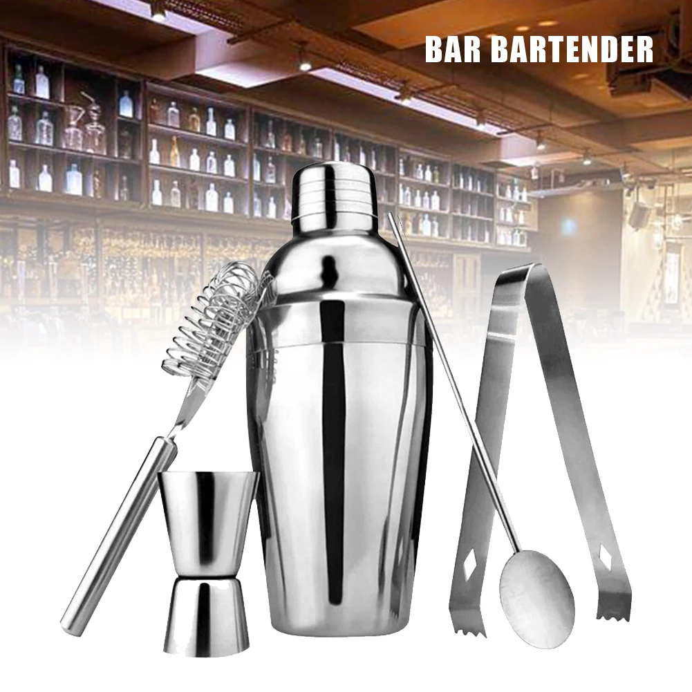 5pcs Bartender Kit Stainless Steel Cocktail Mixer Shaker/Jigger/ Strainer/Bar Mixer Spoon/Tongs Cocktail Set for Bartender