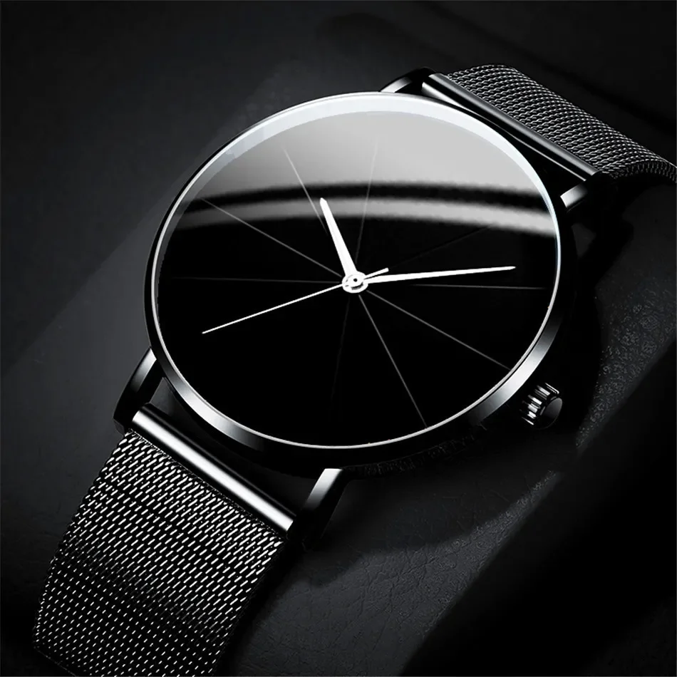 Casual Round Pointer Quartz Watch Large Geo Dial Analog Mesh Strap Wristwatch For Women Men 4