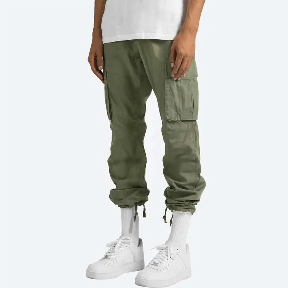 

Men Trousers Vintage American Style Men's Cargo Pants with Elastic Waist Multi Pockets Breathable Fabric Hip Hop for Daily
