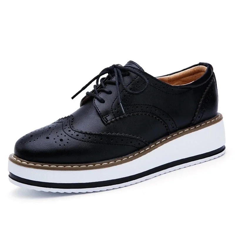 Genuine Leather Shoes Women Flats Oxford Lace Up Striped Platform White Black Fashion Vintage Platform Brogue Shoes Woman 6