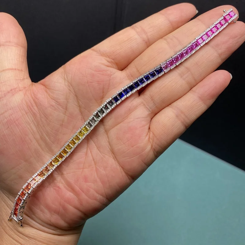 Pirmiana Customized S925 Silver Rainbow Bracele Trapezoid Shape Lab Created Gradient  Sapphire Gemstone Jewelry Christmas Gifts