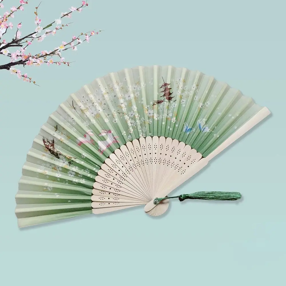 Folding Fan Hand Fan Wooden Hand Fan Silk Fans Chinese Vintage Colorful Silk Hand Fan Tassel Bamboo Shank Classical Dance Home Decoration