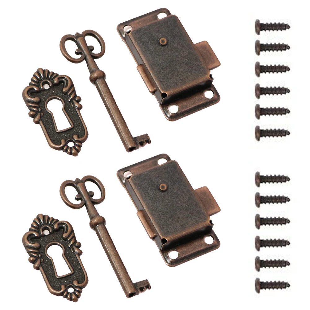

With Key Drawer Lock Parts Red Bronze 2 Sets Matal+Zinc Alloy Accessories Antique Small Box Door Furniture Locks