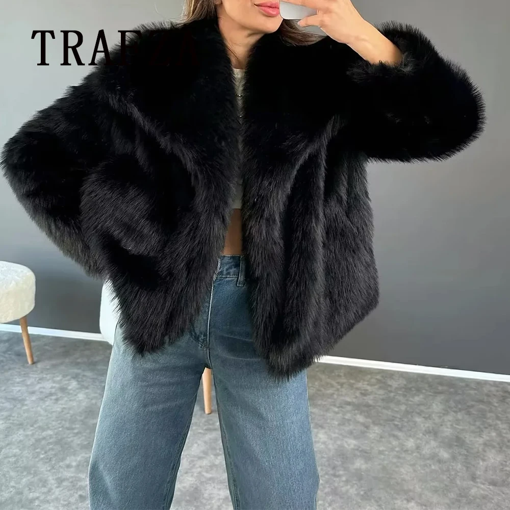TRAFZA 2025 Autumn Winter Women Casual Faux Fur Jackets Fashion Streetwear Solid Oversized Turn Down Collar Elegant Thick Coats 6