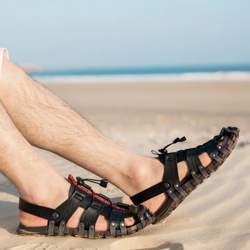 Man Casual Closed Toe Sandaler Läder Herr Promenader Utomhus Sandaler Sommar Strandskor Bekväma halkfria_voghion.com