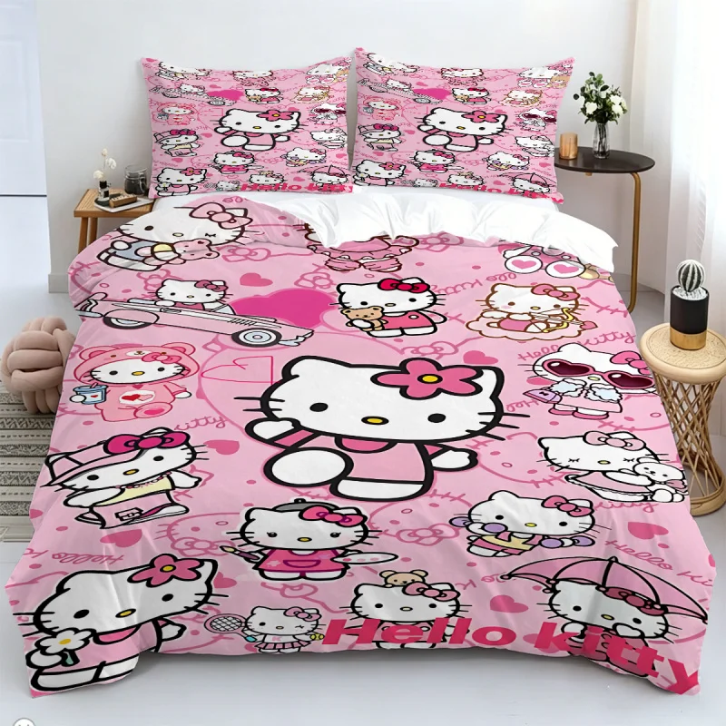 Sanrio Hello Kitty Leopard Print Bedding Set 3pcs King Size Duvet Cover Set Cartoon Cute Bed Linen for Kids Girls Bedroom Decor 1