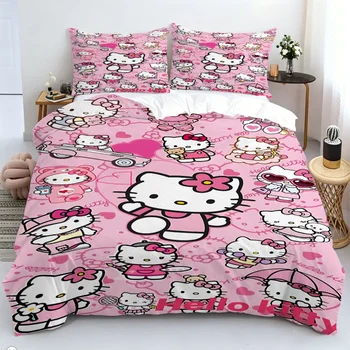 Sanrio Hello Kitty Leopard Print Bedding Set 3pcs King Size Duvet Cover Set Cartoon Cute Bed Linen for Kids Girls Bedroom Decor 1