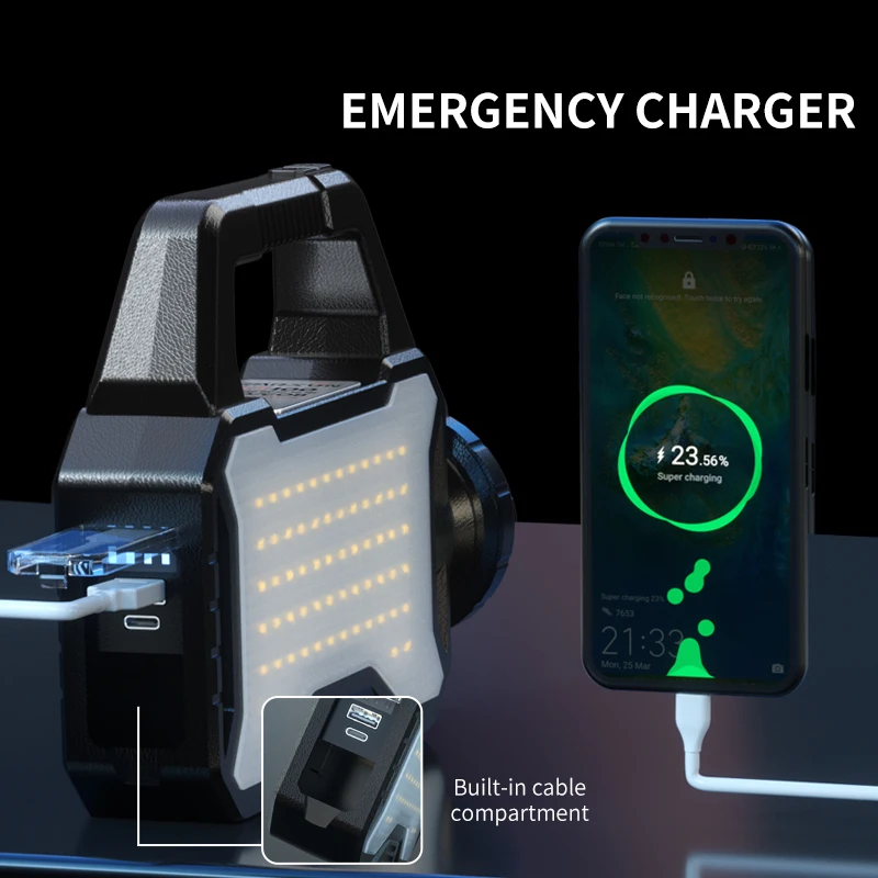 Warsun Multifunctional Searchlight Outdoor Waterproof Solar Powered Charging Bank Strong Light Flashlight Cob Lantern Hand Lamp