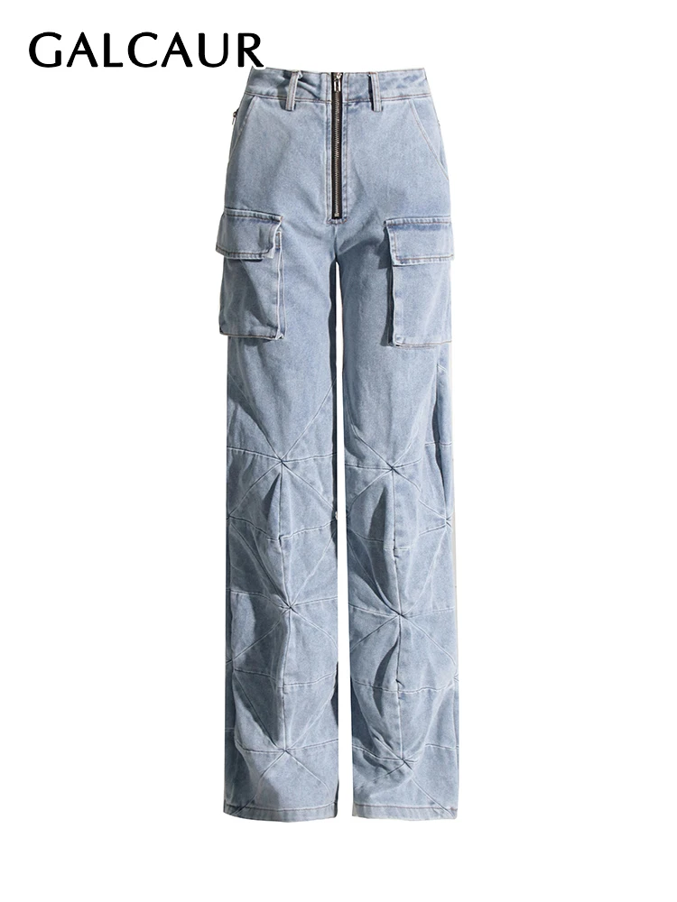 

GALCAUR Minimalist Casual Denim Pants For Women High Waist Spliced Pockets Streetwear Autumn Vintage Loose Cargo Trousers Female