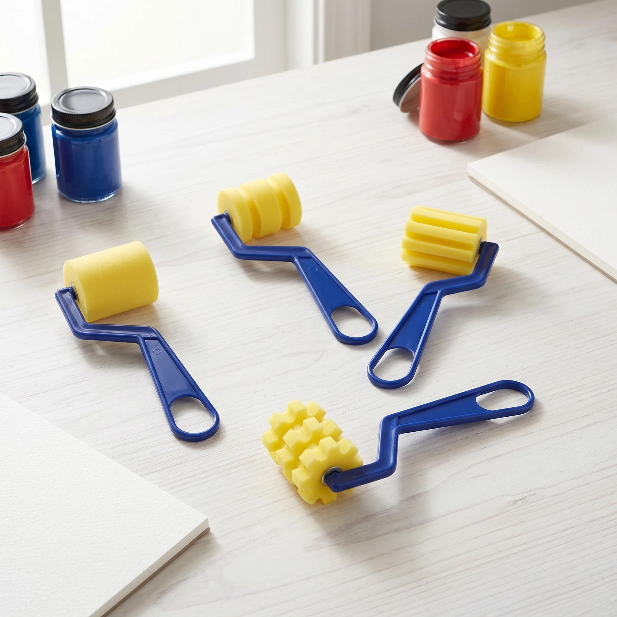 4개 패턴 스펀지 롤러 스탬프, DIY 아트 공예용 실린더 페인팅 브러쉬, 벽 및 캔버스용 재사용 가능한 텍스처 롤러