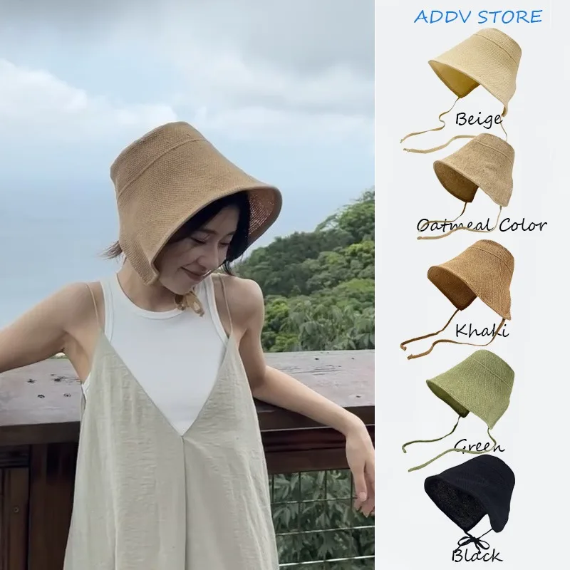 

Japanese Cotton Hemp Straw Sun Hats Woman Summer Frenulum Lori Large Eaves Sun Hats Solid Color Outdoors Bucket Hat