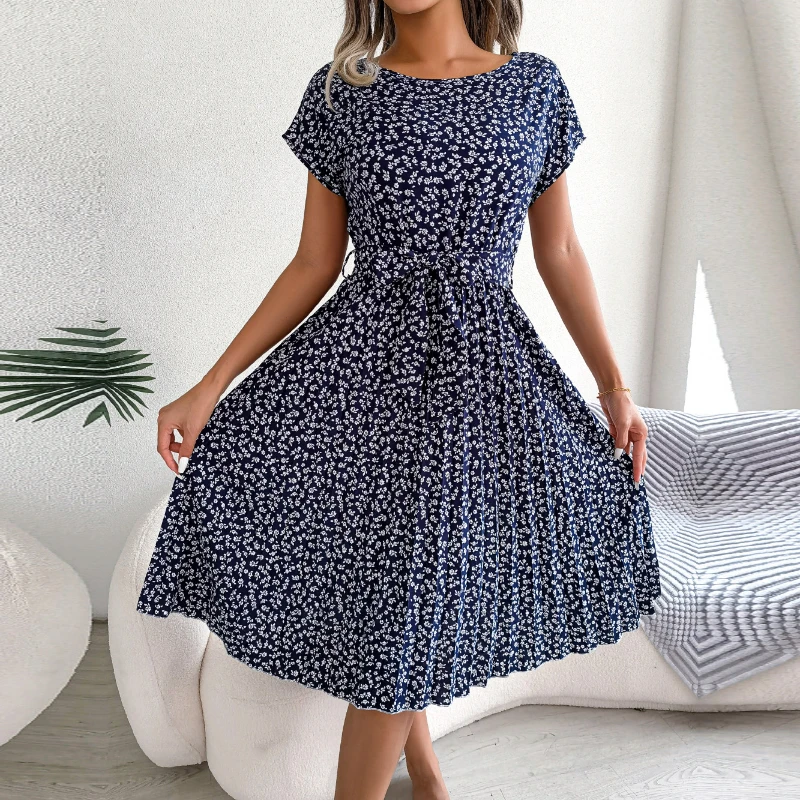 Gaun Berlipat Floral Wanita Gaun Midi Perban Ruched Lengan Pendek Leher-o Kasual Musim Panas Gaun Boho Chic A Line Pantai Wanita 6