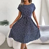 Gaun Berlipat Floral Wanita Gaun Midi Perban Ruched Lengan Pendek Leher-o Kasual Musim Panas Gaun Boho Chic A Line Pantai Wanita 6
