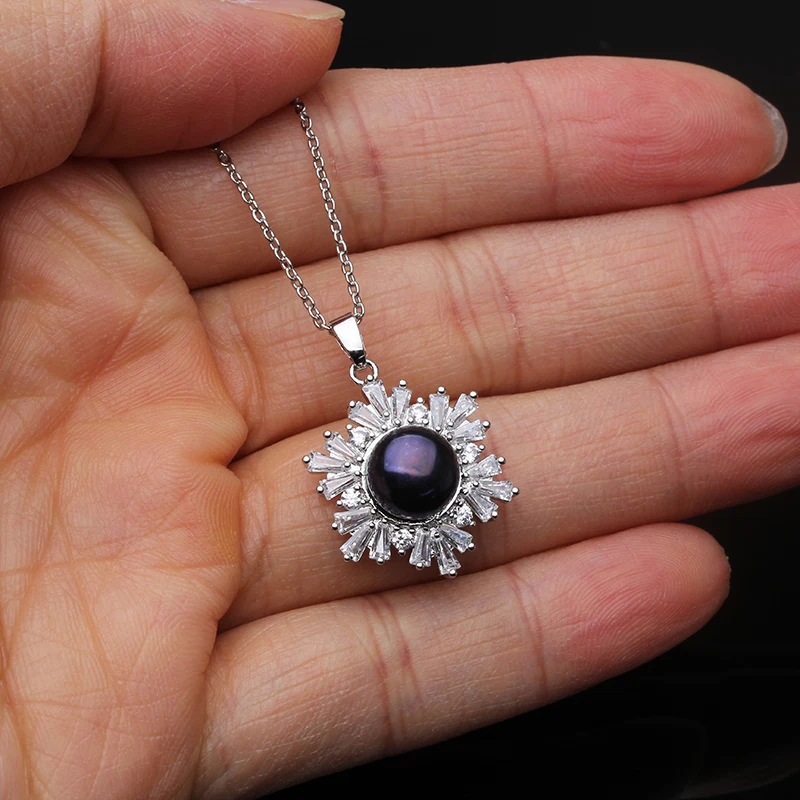 Silver Pendant Necklace Wedding Natural Pearl Women Bohemian White Black Trendy Zirconia S925 Sterling Birthday Gift