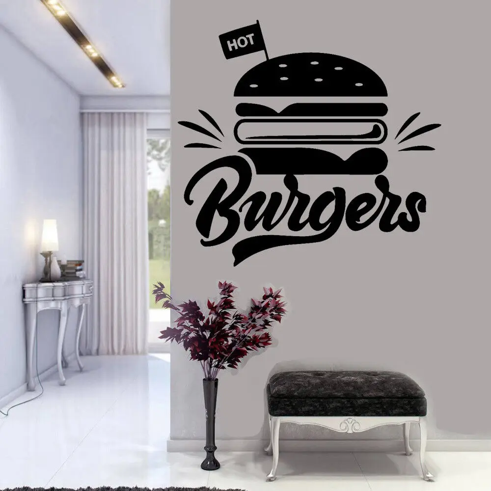 Wall Stickers Kitchen Wall Sticker Hot Burger Wall Sticker for Hamburger Store Fast Food Shop Sign Decal for Kitchen Room Decal Window Sticker Restaurant Sign C340