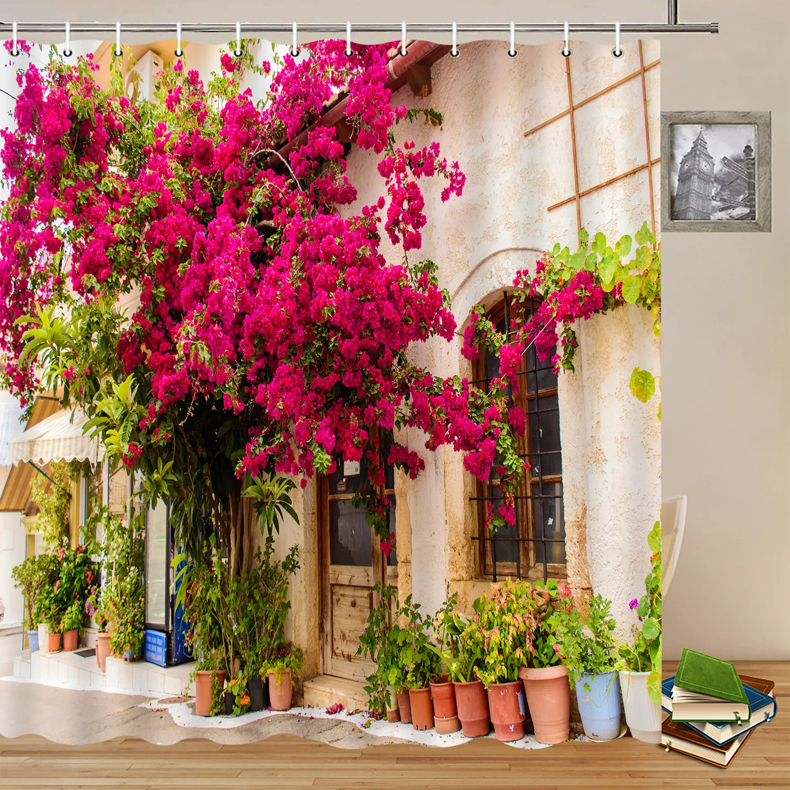 

Landscapes Shower Curtain Red Flower Green Leaves Plant Architecture House Street Scenery Bath Decor Polyester Fabric With Hooks
