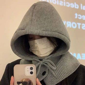 Solid Color Autumn Winter Hats For Women Men Knitted Warm Hooded Beanie One Piece Scarf Cap Outdoor Ear Protection Balaclava Hat