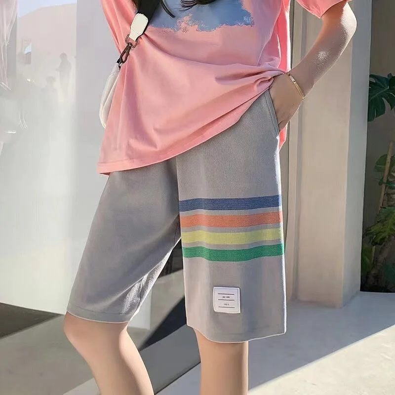 

Wakamono Couple Knitted Shorts Women's Summer New Rainbow Striped Five-point Pants Casual Sports Shorts Women New 2022