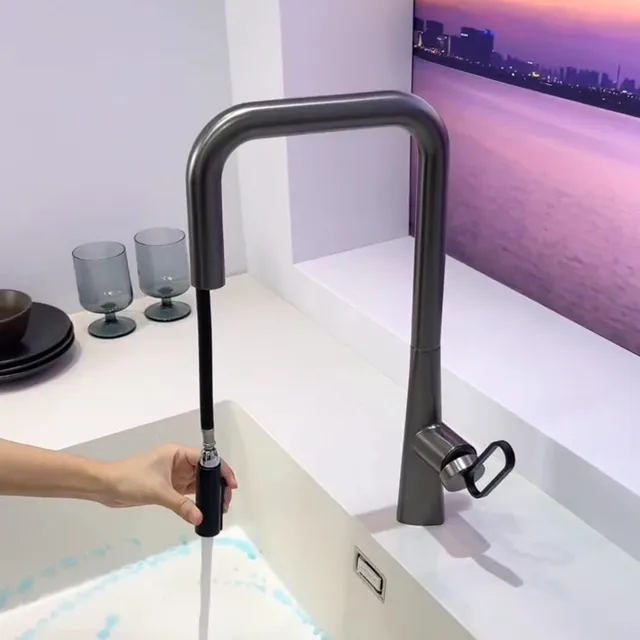 ก๊อกน้ําห้องครัวดึงเดี่ยวทองเหลืองหมุนร้อนและเย็นแปรงทอง Water Saving Decked Sink Mixer Tap ใหม่แฟชั่น 3