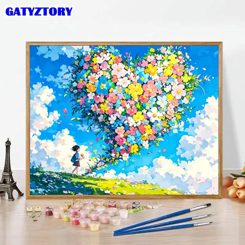GATYZTORY Painting By Number Heart Flowers For Adults Picture By Numbers Acrylic Paint On Canvas DIY Frame Home Decoration