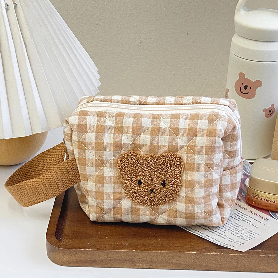 여성용 귀여운 곰 메이크업 파우치, 체커보드 격자, 대용량 휴대용 화장품 상자 케이스 가방, 여성 보관 메이크업 케이스 