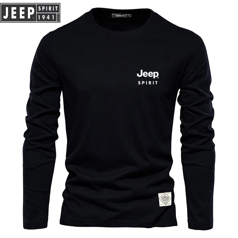 High-quality Embroidered JEEPSPIRIT Pure Cotton Round Neck Long Sleeved T-shirt for Men's Casual Fashionable Outdoor Sports 2
