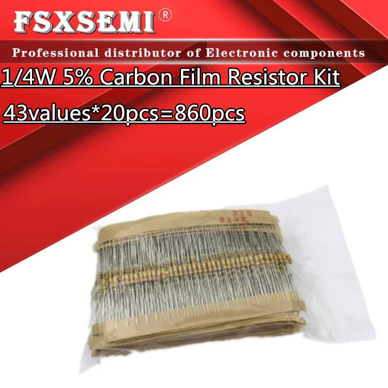 860pcs/lot Carbon Film Resistor Kit 1/4W 5% resistors assorted kit set 43values*20pcs Resistance 1R - 1M Ohm 0.25W resistor pack