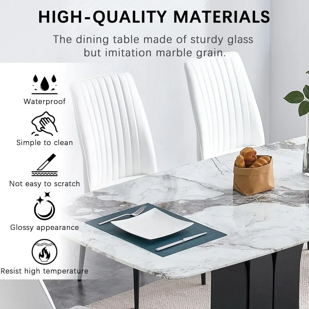 Dining Table,Kitchen Dining Table and Chairs,White Marble Pattern Dining Table with 6 Dinings Chairs, 6 Piece Dinings Tables Set 4