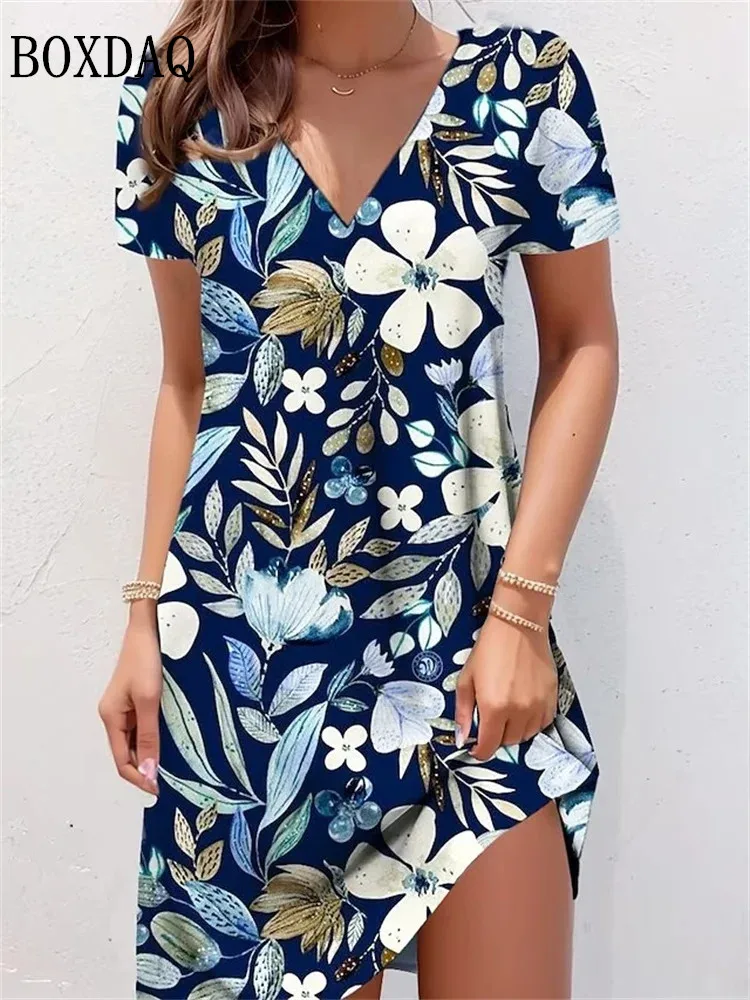 

Summer Retro Plant Flower Dress Women 3D Print Short Sleeve Loose Dress Plus Size Fashion Casual V-Neck Pullover Female Sundress