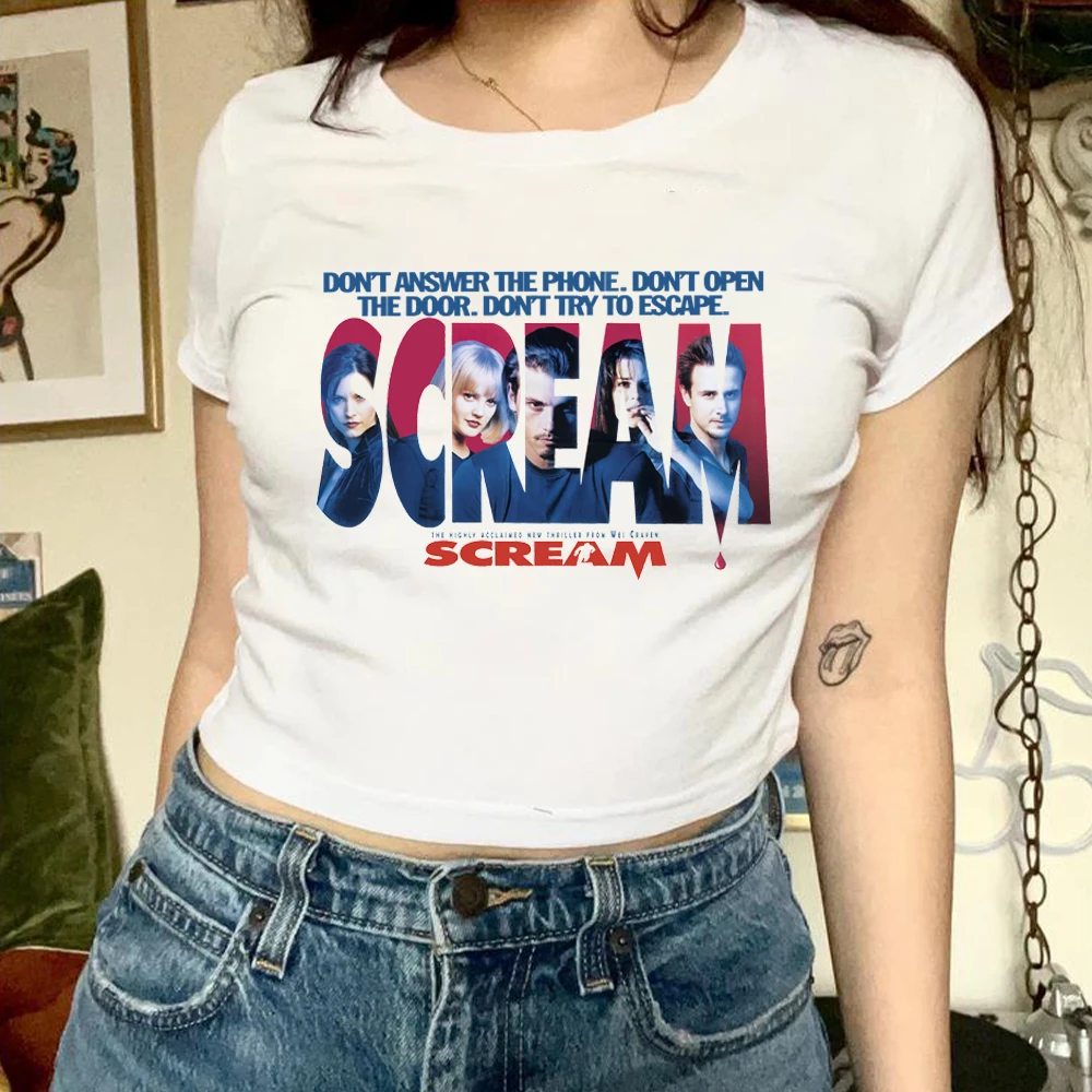 

Retro Scream Women Crop Top Scream Harajuku Baby Tee Vintage Style Scream Shirt Ghost Face Shirts Female Summer Trendy Crop Tops