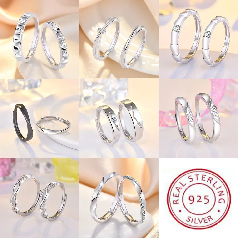 Silver Ring Wedding Rings Silver Rings 2PCS 925 Sterling Silver Ring Adjustable Open Couple Engagement Rings For Women Men Wedding Ring Party Fashion Jewelry Gift
