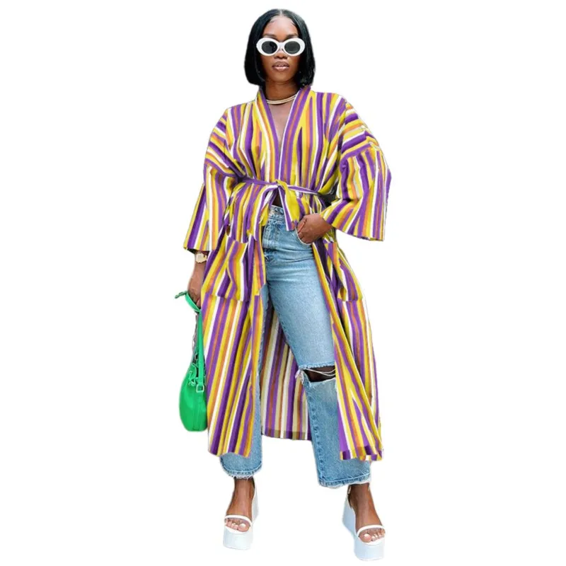 Fashion Striped African Clothes Split Pockets Strap Loose Long Coat Cardigan Spring Autumn Casual Ankara Robes Street Vestidos african men tracksuits ethnic totem printed summer street fashion casual short sleeve shorts high quality beach t shirt 2 pieces
