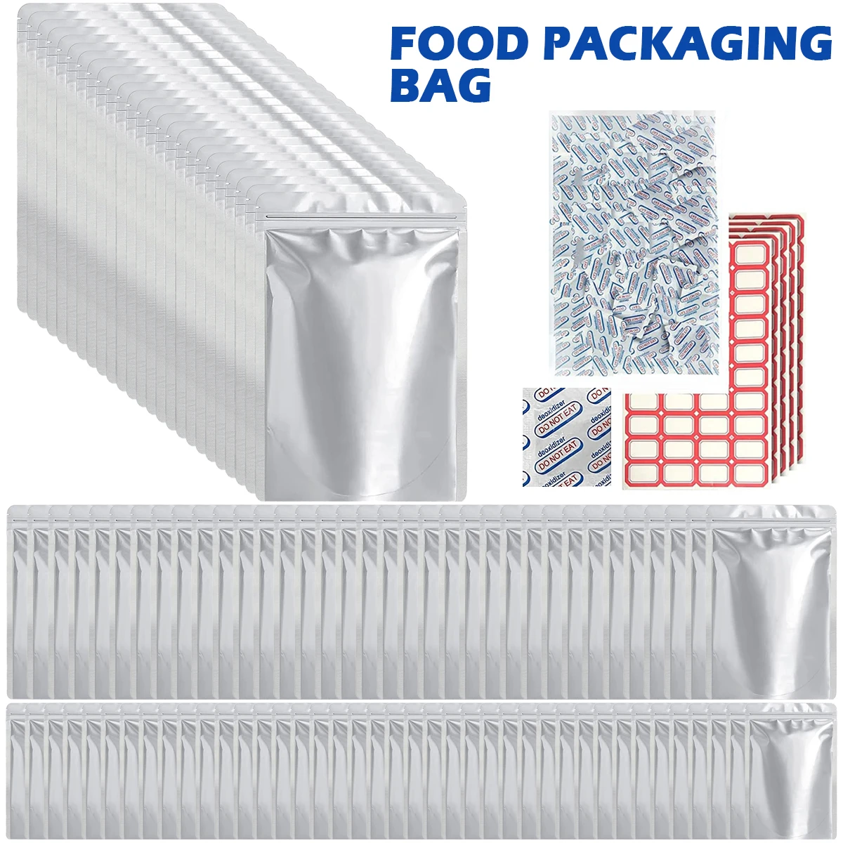 

100 Pack Mylar Bags for Food Storage with 100Pcs Oxygen Absorbers 500CC and 120Pcs Sticker Labels Stand Up Resealable Mylar Bags