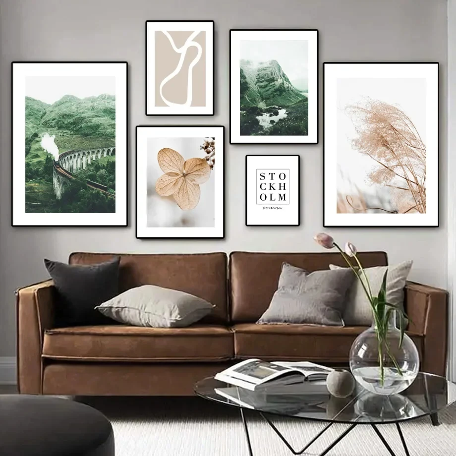 

Картины маслом с изображением гор, лесов, озер, язычков, Листьев, зеленых природных листьев, скандинавские плакаты и принты для гостиной, домашние декоративные фрески