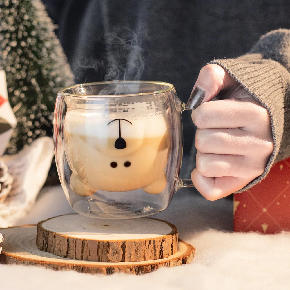 1pc Creative Cute Bear Double-layer Coffee Mug, Carton Double Glass Cup Milk Glass Lady Cute Bear Gift Christmas Gift Girls Gift