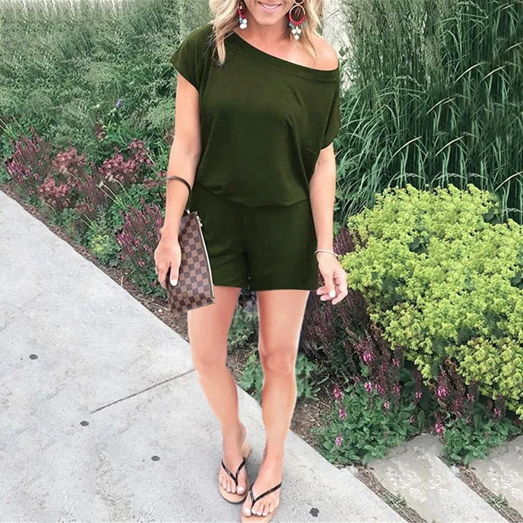 New Elegant Women Jumpsuit Off Shoulder Solid Short Sleeve Romper Female Streetwear Lace Up Jumpsuit One Pieces Jumpsuit Women