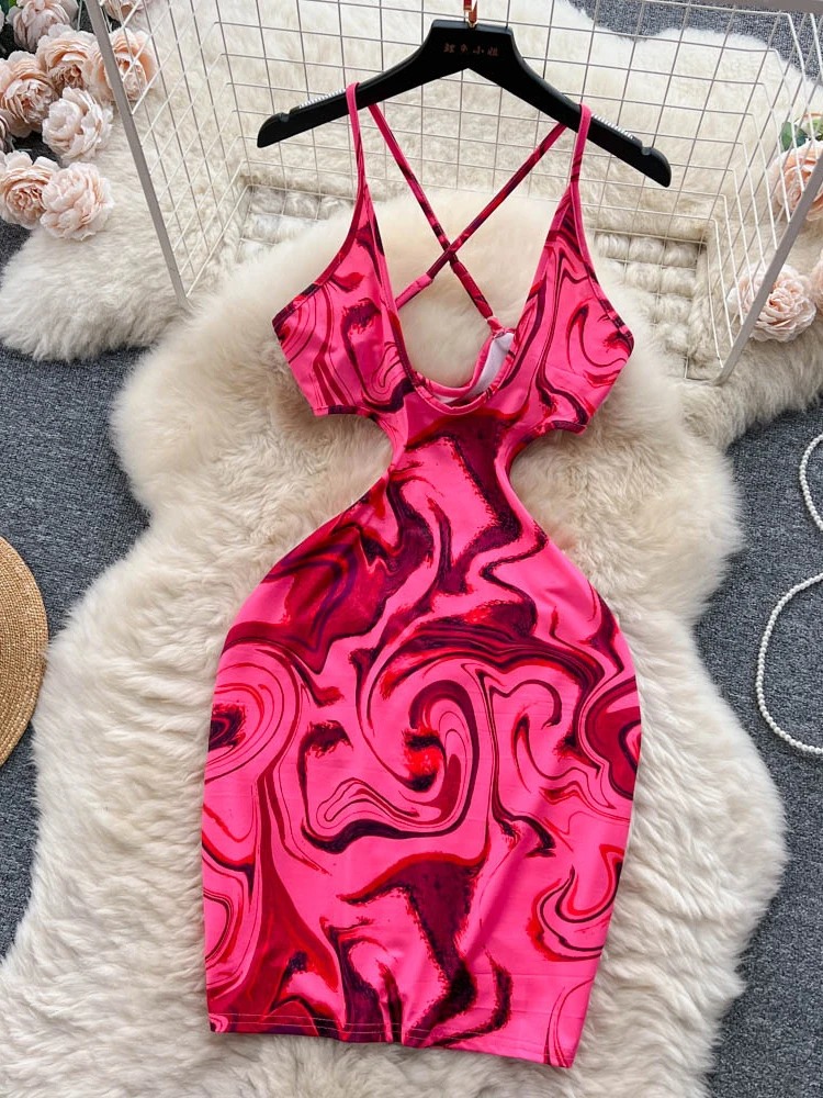 

Summer Sexy Dresses for Women 2023 Minority Design Sense Printed Waist Hollow Out Club Wrapped Hip Sling Dress