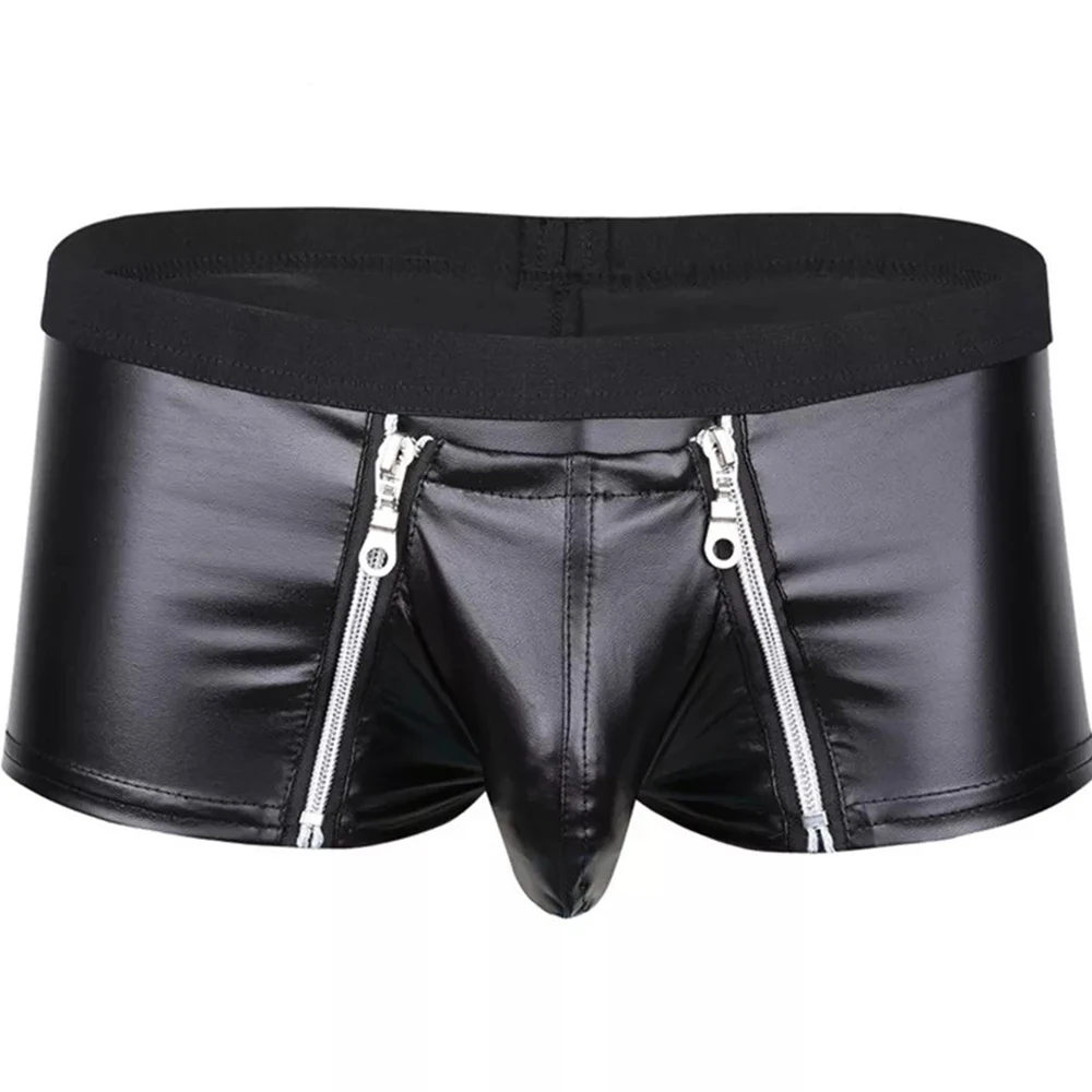 

Sexy Men Open Crotch Boxer Shorts Underpants Zipper Open Front Bulge Underwear Faux Leather Male Panties Zipper Low Waist Boxers