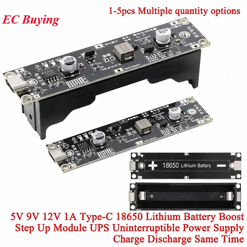 1-5 Stück 18650 Lithium-Batterie-Boost-Modul 5V 9V 12V Lade-UPS Unterbrechungsfreier Schutz Ladeplatine Typ-C mit Batteriehalter